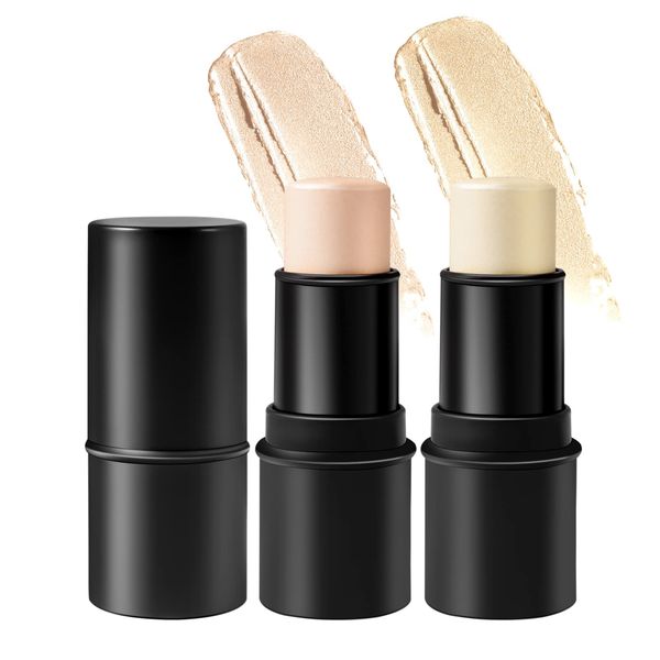 Mimore 2 colors Highlighter Stick, Highlighter Makeup, Shimmer Cream Powder Waterproof Light Face Cosmetics, On-the-Go Longwear Highlight Pen, Blends Easily Face Body Makeup, Creamy Texture(#2+#5)