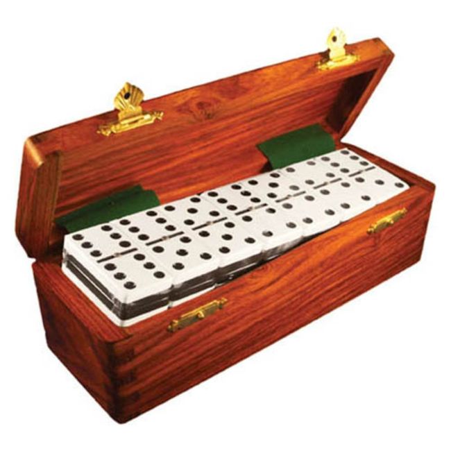 Domino Double Six Two Tone Black & White in Dovetail Jointed Sheesham Wood Box - Jumbo Tournament Size w/Spinners