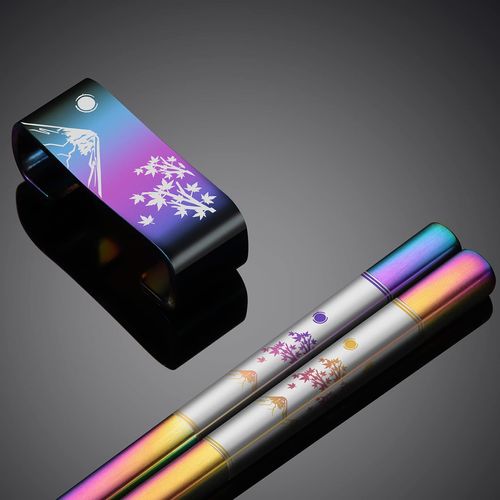 TIICOO Metal Chopsticks Reusable 2 Pairs Titanium Plated 18/8 Stainless Steel Chopsticks with Holder, Dishwasher Safe Non-Slip Korean Japanese Chinese Laser Engraved Chop Sticks Gift Set (Rainbow)