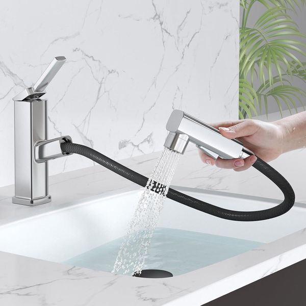 Pull Out Single Hole Bathroom Faucet, 3 Spray Mode Single Handle Bathroom Faucet