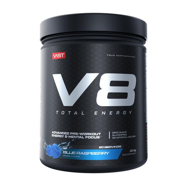 V8 Total Energy – Pre Workout Booster – Trainingsbooster – CarnoSyn®, BetaPower®, natürliches Koffein – Vegan – Zuckerfrei – 20 Portionen – Made in Germany – Blue Raspberry