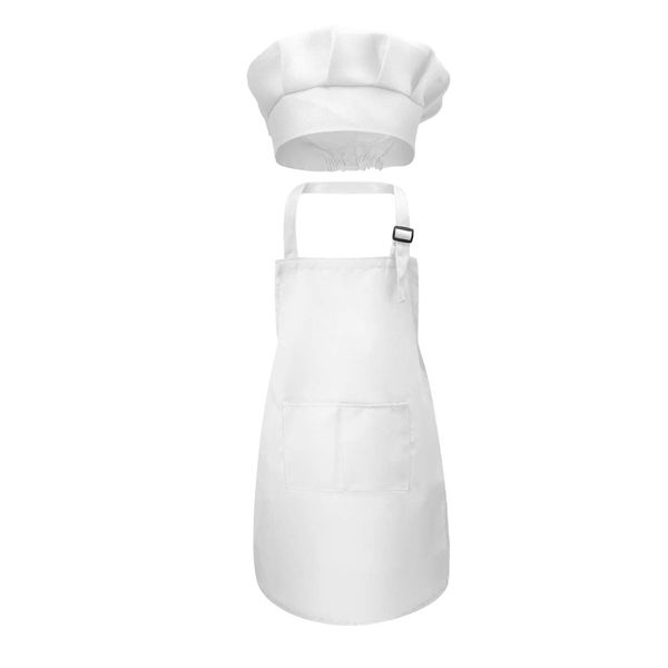 Carolilly Kids Apron and Hat Set, Adjustable Children Kitchen Chef Apron with Pockets + Elastic Band Cooking Cap (3-13 Years) (White, 7-13 Years)