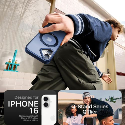 QTlier for iPhone 16 Case, 360° Rotatable Ring Stand, Raised Camera Frame, Shockproof Case Compatible with MagSafe, Case for iPhone 16, Translucent Blue