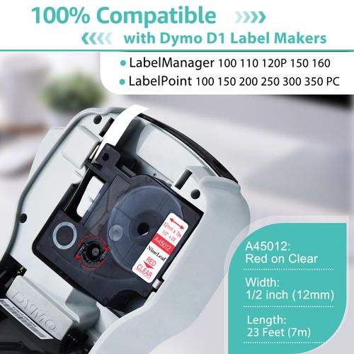 NineLeaf 2 Pack Compatible for DYMO D1 45012 Red on Clear 12mm 1/2'' x 23ft Label Tape Refill Work in DYMO LabelManager 160 210D 260P 280 360D 420P 450D Wireless PnP 500TS 450 Label Maker