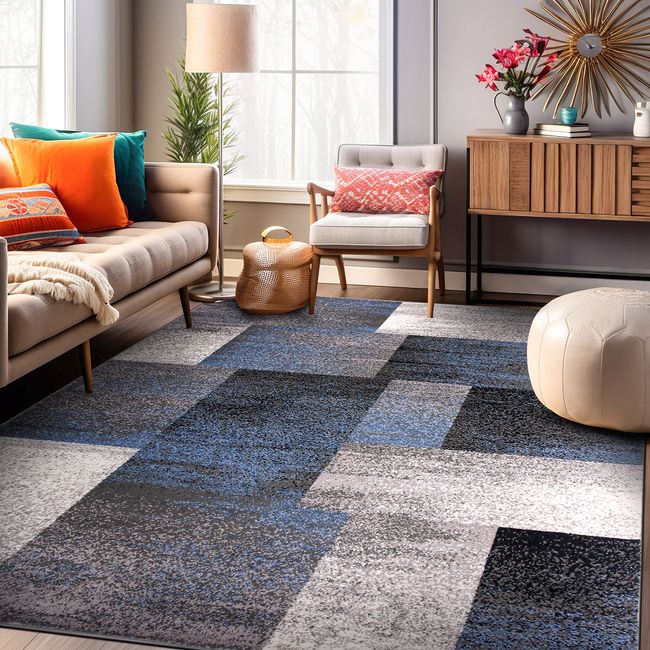 Rugshop Rugs Contemporary Modern Geometric Boxes Carpets for Sale Blue Rugs 3x5