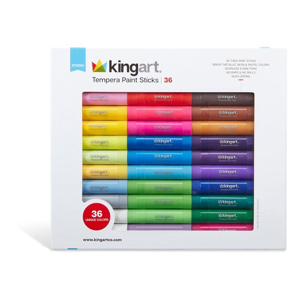 KINGART 575-36 TEMPERA PAINT Sticks, Set of 36 Rich Colors, Solid Tempera Paint for Kids, Super Quick Drying, Non-Toxic, Work Great on Paper, Canvas, Wood, Glass and more