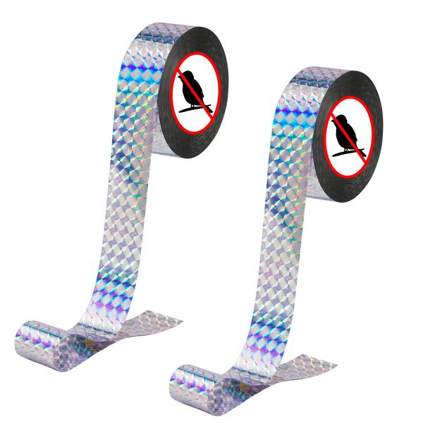 2 Rolls 328ft Bird Scare Tape Reflective Holographic Reflective Tape to Scare Birds Away, Double Sided Bird Scare Repellent Flash Tape for Pigeon Woodpeckers Gulls Crows Starlings Swallows