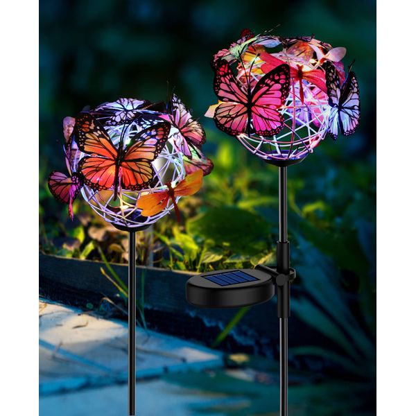 Aiscool Solar Lights Outdoor Butterfly Lights Garden Decorative Solar Stake Lights with Butterflies Decor Powered Waterproof for Garden Yard Pathway 2 Pack