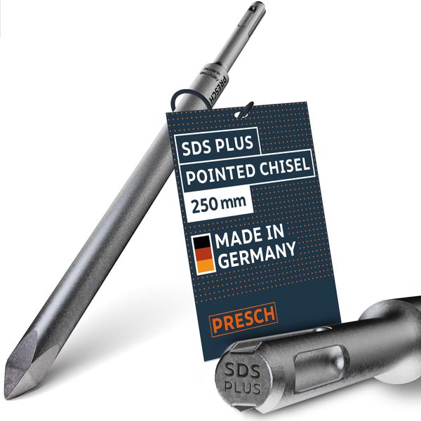 Presch SDS-plus Pointed Chisel - Extremely robust, durable tip - for all breakthrough work (250 mm length) - rotary hammer chisel made of high-performance steel for powerful impacts