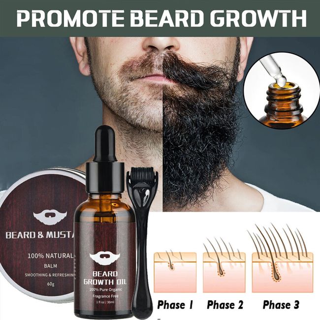 Men Beard Growth Kit - Micro Needle Derma Roller - Beard Growth Serum- Wood Comb