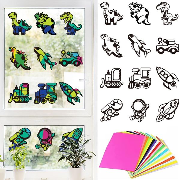 PLIGREAT 12 Pieces Dinosaur Suncatchers Craft Kit Window Glass Art Kit DIY Vehicle Astronaut Suncatcher Colored Paper Crafts for Classroom Window Art Party Favors Kindergarten Handmade Crafts Making