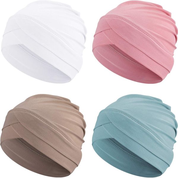 Geyoga 4 Pieces Women Turban Chemo Headwear Cancer Hats Headwrap Stretchy Turban Cap Beanies Sleep Cap (Mint Green, Khaki, White, Light Pink)