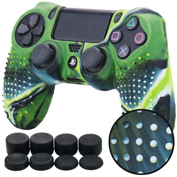 Pandaren® STUDDED Silikon Hülle Anti-Rutsch für PS4 controller x 1 (Tarnung grün) + FPS PRO thumb grips aufsätze x 8