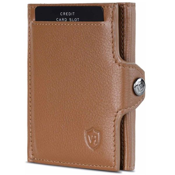 VON HEESEN Slim Wallet mit Münzfach & RFID-Schutz - Mini Geldbörse Herren & Damen - Kartenetui Geldklammer Kreditkartenetui - Portmonee Geldbeutel Portemonnaie klein (Cognac-Braun)