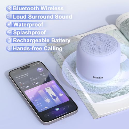 Bobtot Portable Bluetooth Speakers with Strap Easy to Carry, Wireless IPX5 Waterproof Mini Speaker with Loud Stereo Sound, 20 Hours Playtime, Rechargeable Battery, Built-in Microphone, Purple