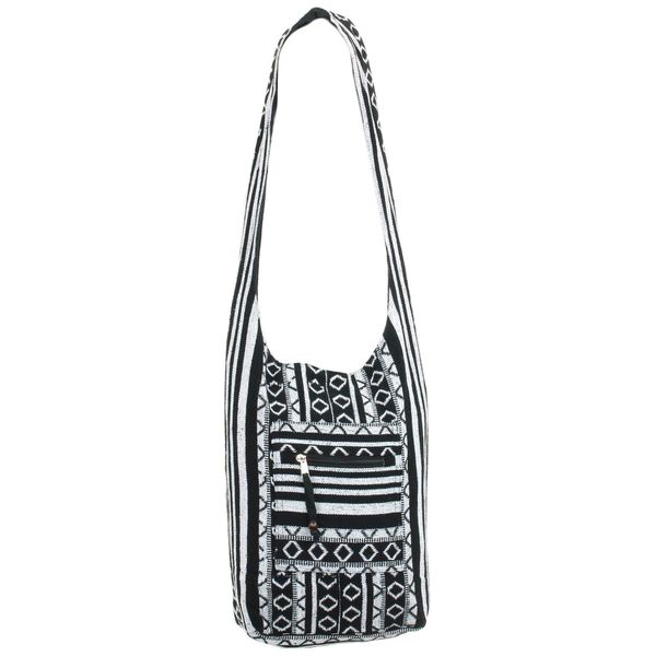 TPFBazaar Diamond Pattern Cotton Canvas Hippie Shoulder Bag - Black White