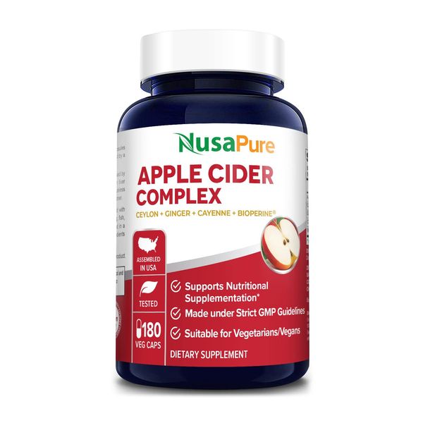 NusaPure Apple Cider Vinegar Complex - 180 Veggie Caps - Organic ACV, Ceylon Cinnamon, Organic Ginger, Bioperine & Organic Cayenne Pepper