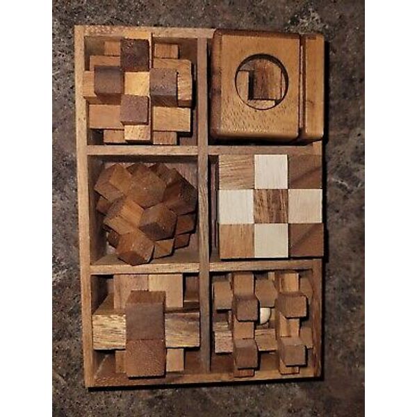 Set of 6 3D Puzzles, Handmade Wooden Brain Teaser Giftbox, Luxury Gift, Decor