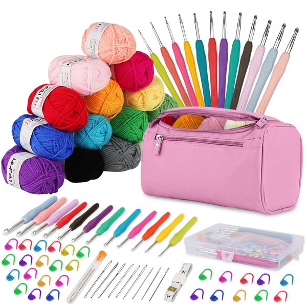 Crochet Kits for Beginners Adults Crochet Kit 15Pcsx25g Crochet Yarns Ergonomic Metal Crochet Hooks 2mm-8mm Knitting Accessories Tools Storage Case Needles Crochet Starter Kit-Pink