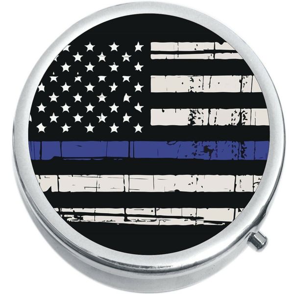 US Flag Thin Blue Line Medicine Vitamin Pill Box