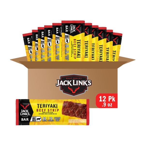 Jack Link's Jerky Bars, Teriyaki - 8g of Protein and 70 Calories, Made with Premium Beef, No added MSG - Keto Friendly and Gluten Free Snacks (Pack of 12)