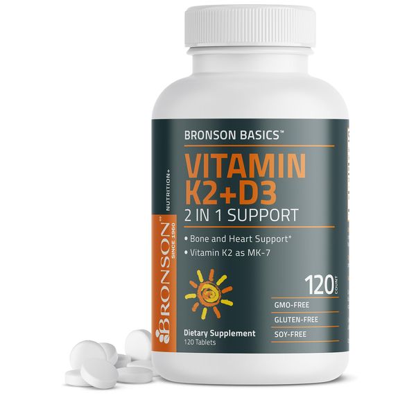 Bronson Basics Vitamin K2 D3 (MK7) Supplement Non-GMO Formula 5000IU (125 mcg) Vitamin D3 & 90 mcg Vitamin K2 MK-7 Easy to Swallow Vitamin D & K Complex, 120 Tablets