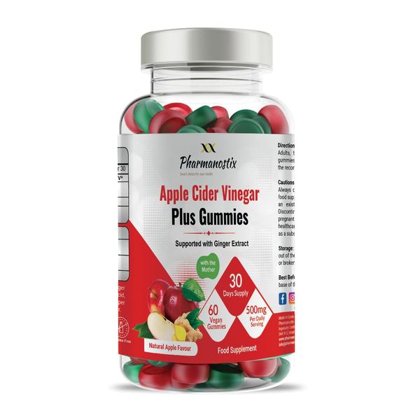 Pharmanostix Apple Cider Vinegar & Ginger Plus Gummies - Pure & Unfiltered with Mother 500mg Per Daily Serving - 60 Vegan Gummies - for Digestive Support - Natural Apple Flavour - 30 Days Supply