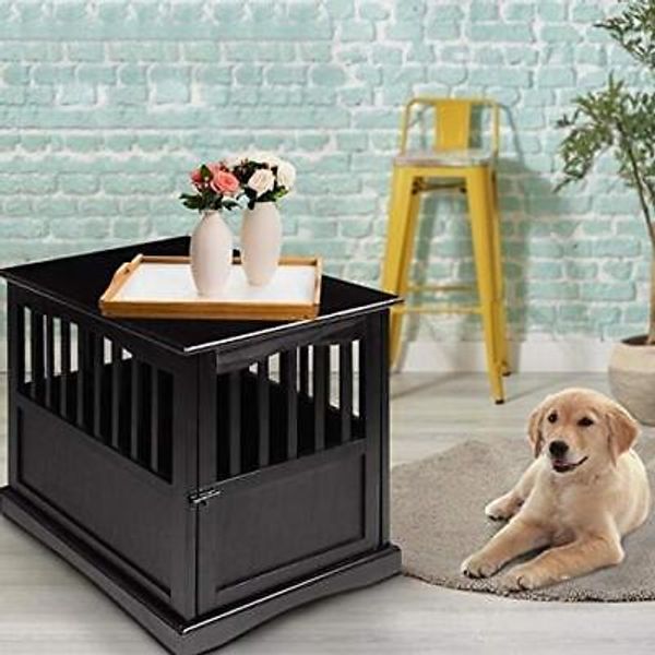 Black Wood Dog Crate Table Kennel Decorative Wooden End Table Indoor Furniture