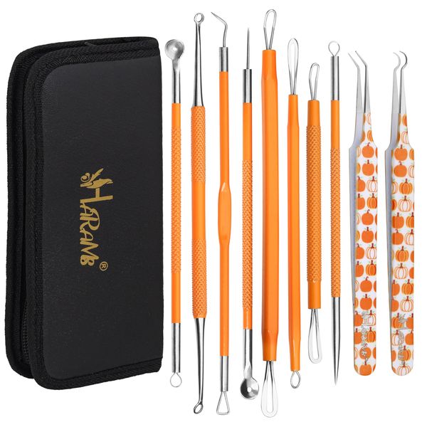 Blackhead Remover Pimple Popper Tool Kit 10 Pcs, Comedone Pimple Extractor Tool, Acne Kit for Forehead, Nose, Blackhead, Facial, Whitehead, Popping, Zit Removing (Pumpkin)