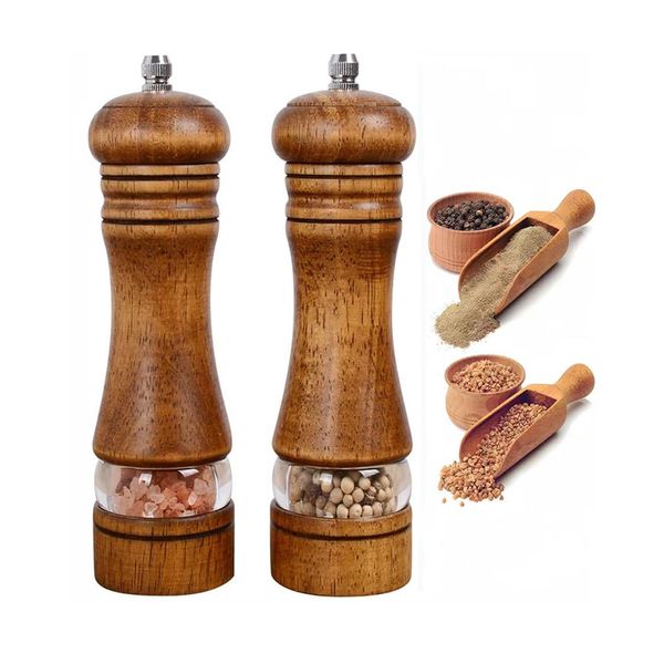 Pepper Mill Wood Salt and Pepper Grinder Pepper Grinder Adjustable Ceramic Core Visible Window Kitchen 6.5" Pack of 2