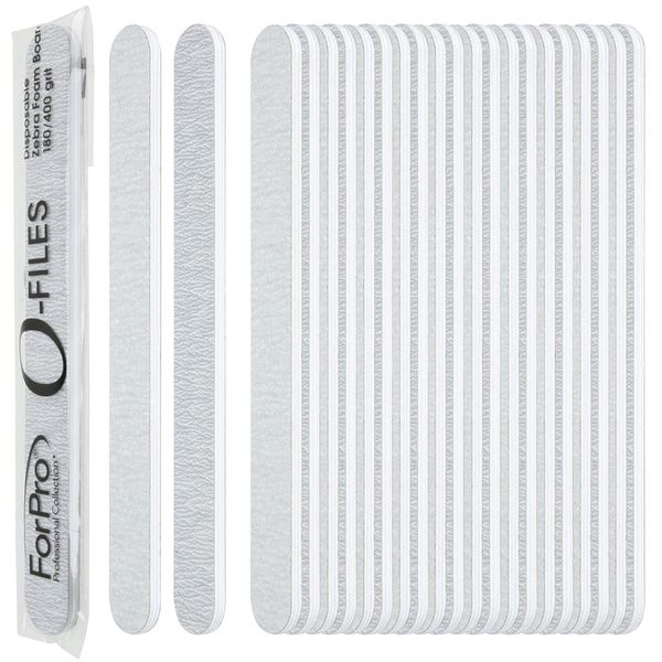 ForPro O-Files Foam Board, 180/400 Grit, Zebra, Double-Sided Manicure Nail File, 6” L x .75” W, 100-Count