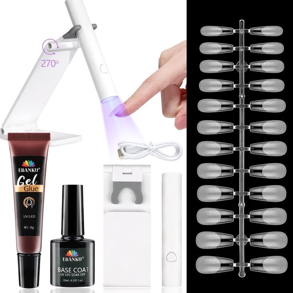 EBANKU Gel Extension Nail Kit, 3 in 1 Solid Nail Glue Gel Base Coat with UV MINI Lamps for Gel Nails Flash Curing & 120PCS Medium Coffin Nails for Home Salon Nail Extension