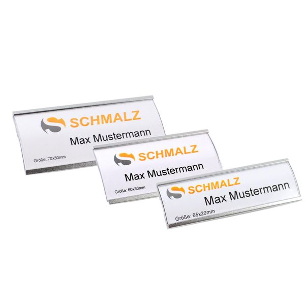 Namensschild Silber Leichtemtall, mit extra starkem 3-fach Magnet, modisch gewölbt, Aluminium eloxiert, transparente Schutzabdeckung, Name Badge für Kleidung, selbstbeschriftbar (60 x 30 mm)