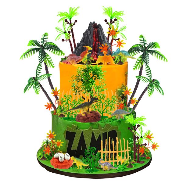 50pcs Dinosaur Cake Toppers With Bases Rocks Eggs Nest and Volcano Cake Decoration Dinosaur Toy Model Trees Set For Birthday Party Dinosaur Themed Party Wild Animals Party Cupcake Decorations