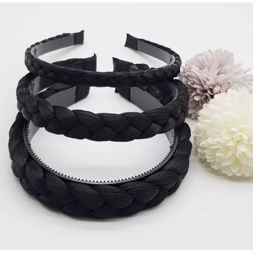 MeeTHan 3 PCS Headband Synthetic Hair Plaited Headband Braid Braided With Teeth Hair Band Accessories for Women Girl Wide 1 / 1.5 / 2.0 CM : H7 (Black-SML)