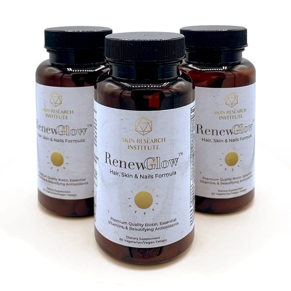 Skin Research Institute Renewglow Biotin Supplement - Vegan Friendly - Healthy Skin, Nail, and Hair 3 Pack