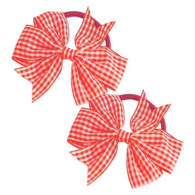 2 x 'Flat Fan' Bow Hair Bobbles | Hair Elastic | School Hair | Gingham Ribbon (Red & White)