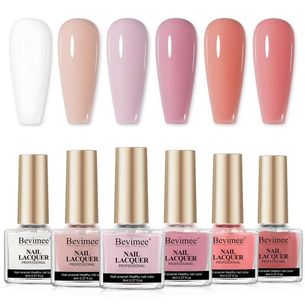 Bevimee Vegan Nail Polish Set: 6 Colors Regular Nail Polish Quick Dry, White Nude Sheer Pink Natural Nail Lacquer Non Gel Air Fast Drying Finger Nail Polish Bulk Low-Odor DIY Salon Gift For Women