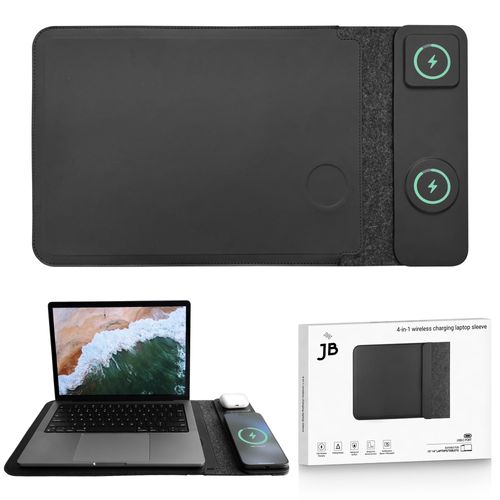 4-in-1 Laptop Sleeve with Wireless Charging - 13/14 inch - Updated Version- Charging Mat for Laptop - Compatible with MagSafe - Use as Case, Phone and Earbuds Charging Pad, Desk and Mouse Pad
