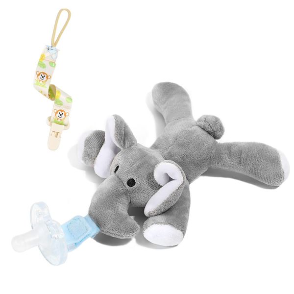 Zooawa Dummy Toy Soother Holder Teddy, Baby Pacifier Holder Dummy Teddy Baby Loveys Soothie Removable Dummy Holder Teddy, Stuffed Animal Dummy Comforter for Infant Kids Boys Girls 3-36 Months,Elephant