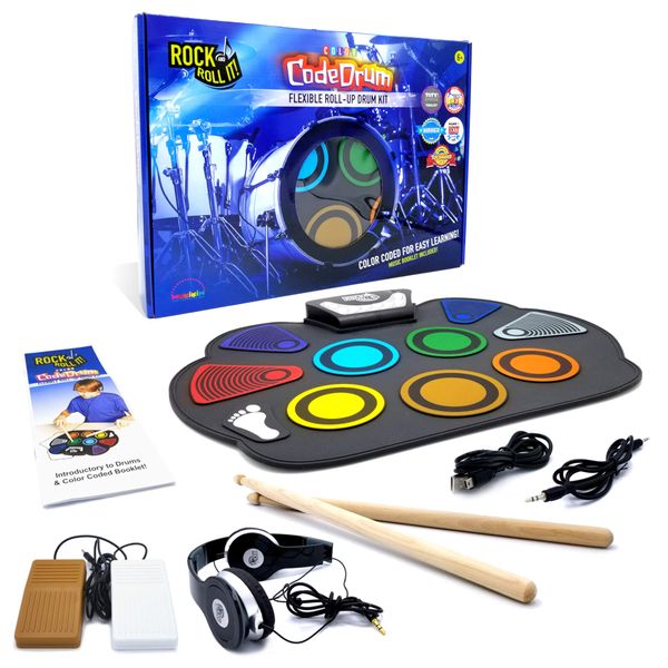 Rock And Roll It – CodeDrum. Roll Up Portable Drum Set for Kids & Adults. Electronic Silicone Rainbow Drum Pad | Headphones | Pedals | Drum Sticks | Play-By-Color Rhythm Booklet Included