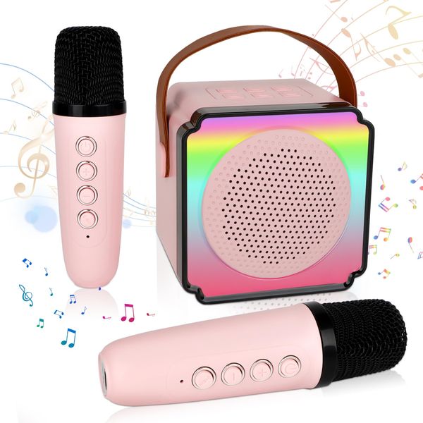 deAO Karaoke Machine for Kids Adults,Portable Bluetooth Speaker with Wireless Microphones, Fun Voice Changing Function-Toys for 5 6 7 8 9 10 Year Old Girl Boys Birthday Gifts (Pink)