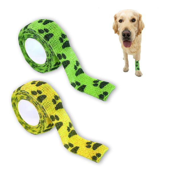 2 Rolls of Pet Vet Wrap Dog Bandage Elastic Pet Bandage Self Adhesive Bandage Dog Paw Pattern Cohesive Bandage for Wrist for Paws for Fingers Pet Wrap Wrapping