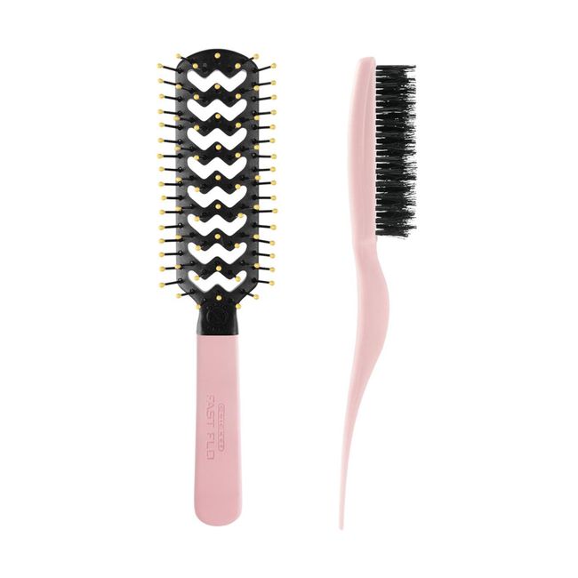 Cricket Static Free Fast Flo Vent Brush and Amped Up Rubberized Teasing Brush It's The Dopamine For Me, 2-Pack Styling Brush Set, Pink