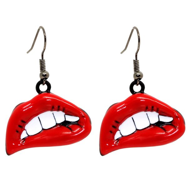 Bluebubble VAMPIRE KISS Red Hot Lips Dangle Earrings on Gift Card