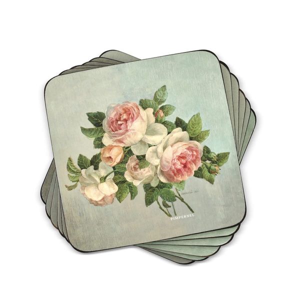 Pimpernel Antique Roses Collection Coasters | Set of 6 | Cork Backed Board | Heat and Stain Resistant | Drinks Coaster for Tabletop Protection | Measures 4” x 4”