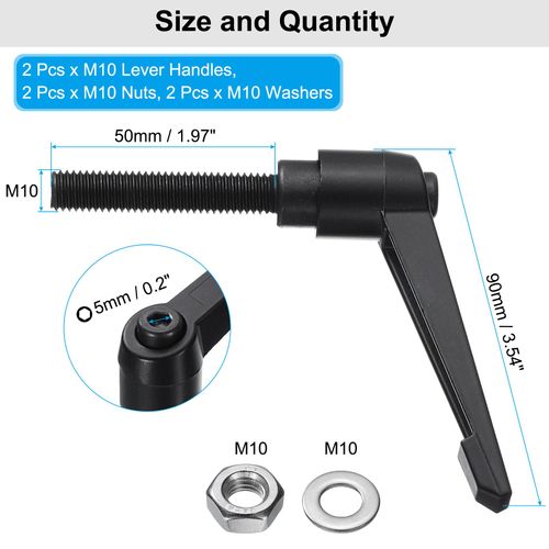 uxcell 2pcs Lever Adjustable Handles M10 x 50mm Metric Male Thread with Nuts Washers, Level Clamping Handle Set Hand Stud Knobs Rotating Screw Handles Bolts with Locking Lever, Black