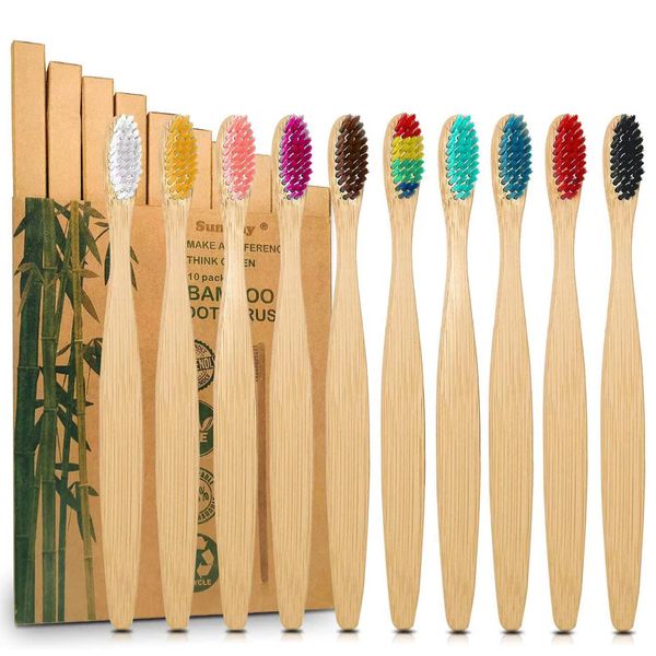 10 Color Bamboo Toothbrushes Multipack | Soft Bristles Wooden Toothbrush for Adult | Premium BPA Free Vegan Eco-Friendly, Plastic-Free, Biodegradable & Compostable Charcoal Manual Toothbrush