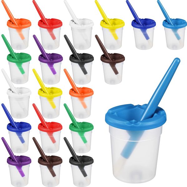 40 Pieces Spill Proof Paint Cups with Paint Brushes for Kids Paint Cups with Lids for Kids Toddler Painting Tools Brushes for Watercolor, Tempera, Washable, Acrylic, Crafts