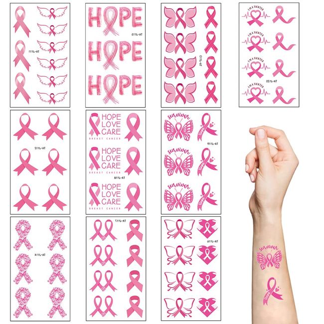 Pink Ribbon Temporary Tattoos,10 Sheets Fake Waterproof Breast Cancer Awareness Tattoo Stickers for Women Girls Party Fundraising Event